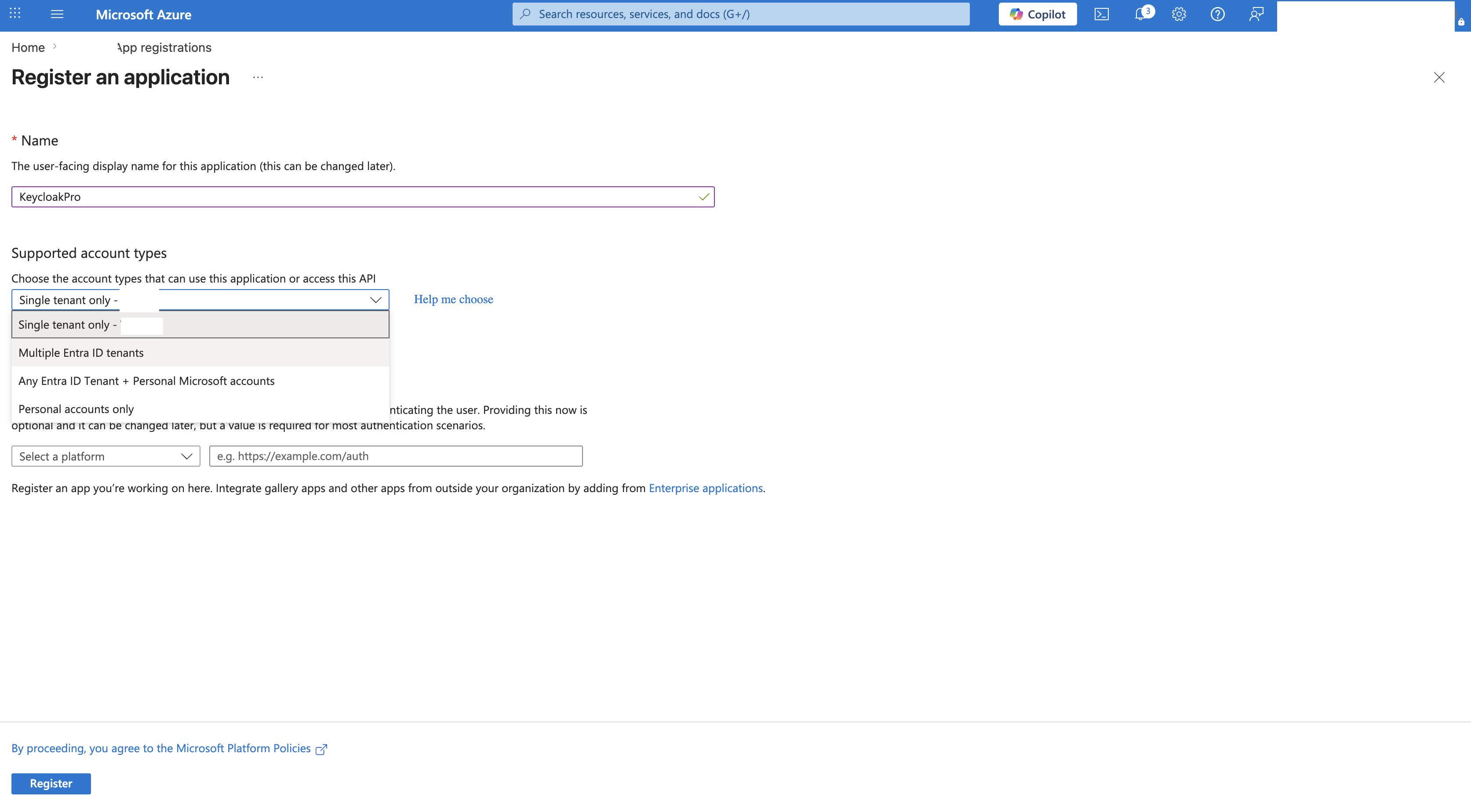 Azure Portal New app registration page showing the Name field set to keycloak, Supported account types with three radio button options, and Redirect URI set to the Keycloak broker endpoint URL