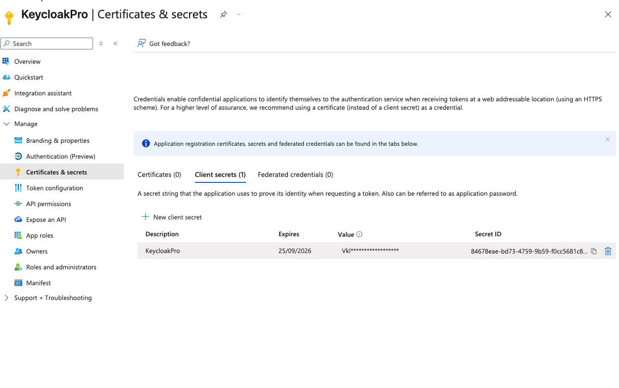 Azure Portal Certificates and secrets page showing a newly created client secret with the Value field highlighted and a warning that the value cannot be viewed after leaving this page