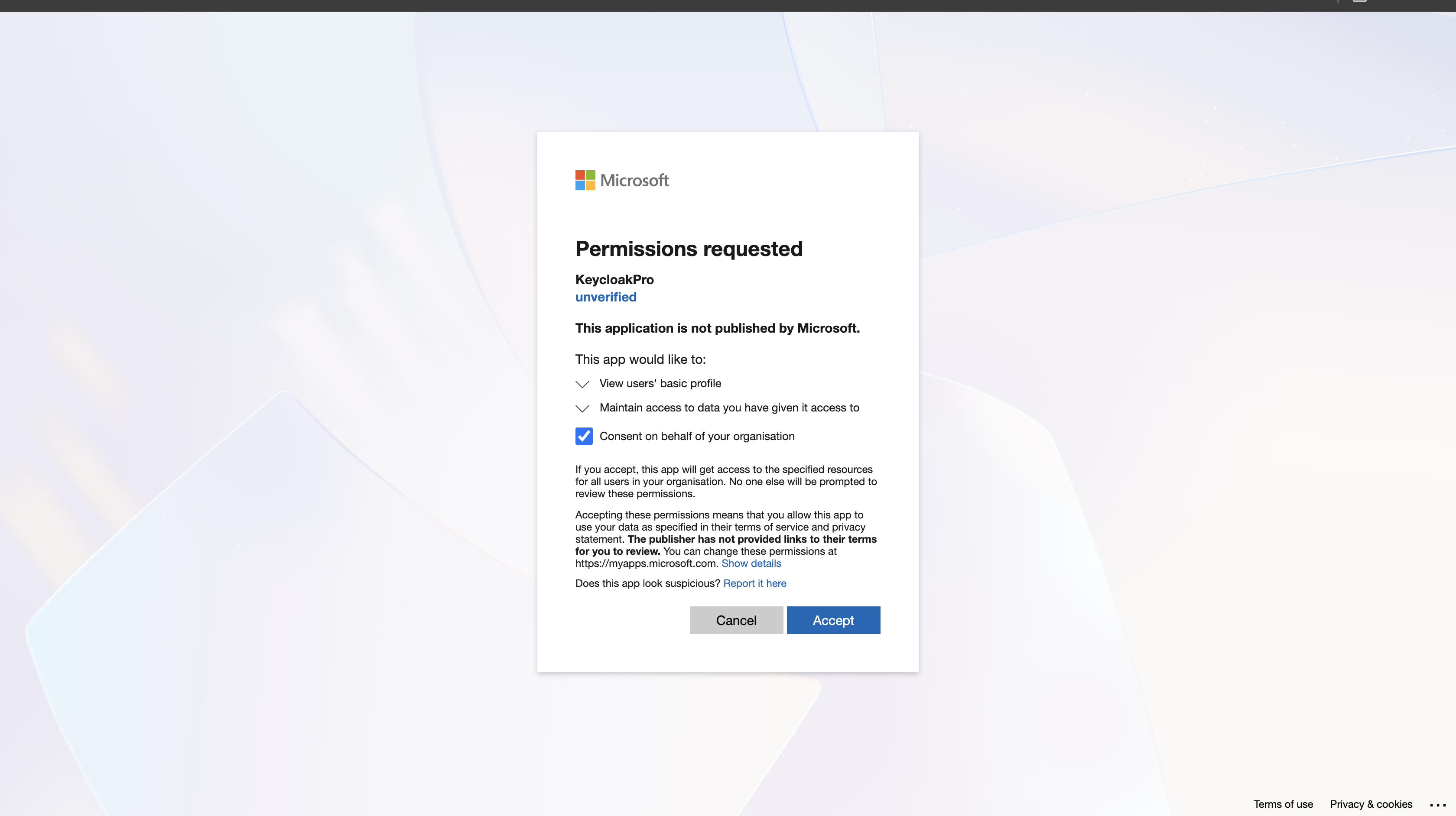 Microsoft consent screen for the keycloak application listing the requested permissions such as sign in and read user profile, with Accept and Cancel buttons