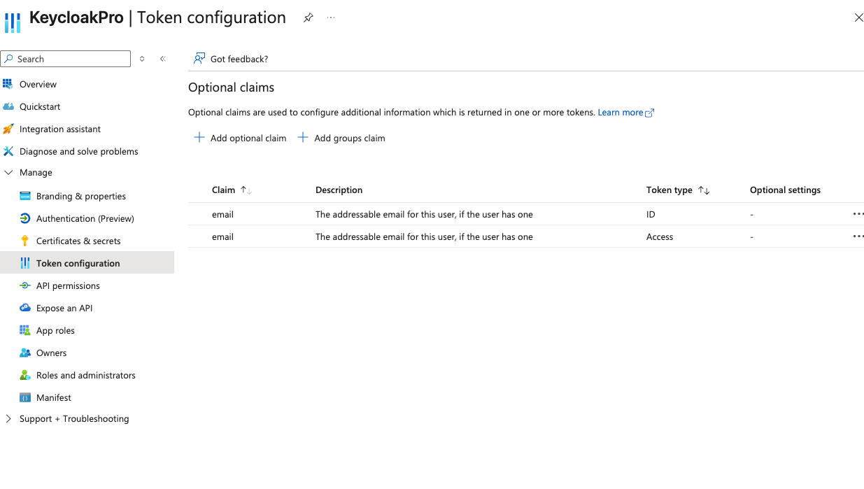 Azure Portal Token configuration page showing the Add optional claim dialog with ID token type selected and email claim checked