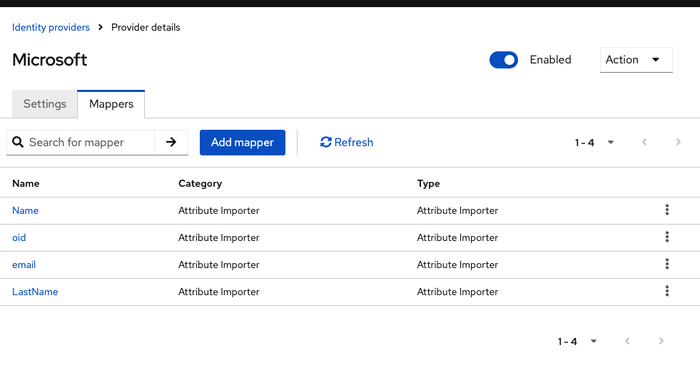 Keycloak Identity Provider Mappers list showing email, firstName, and lastName attribute importer mappers for the Microsoft provider