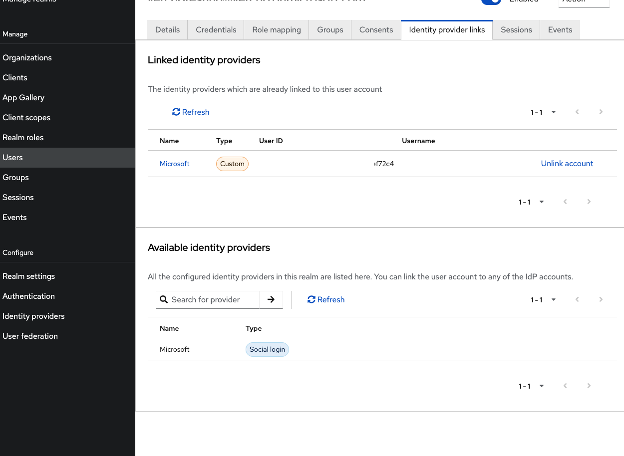 Keycloak User detail page Identity Provider Links tab showing a microsoft row with the Entra ID object ID as the external user ID