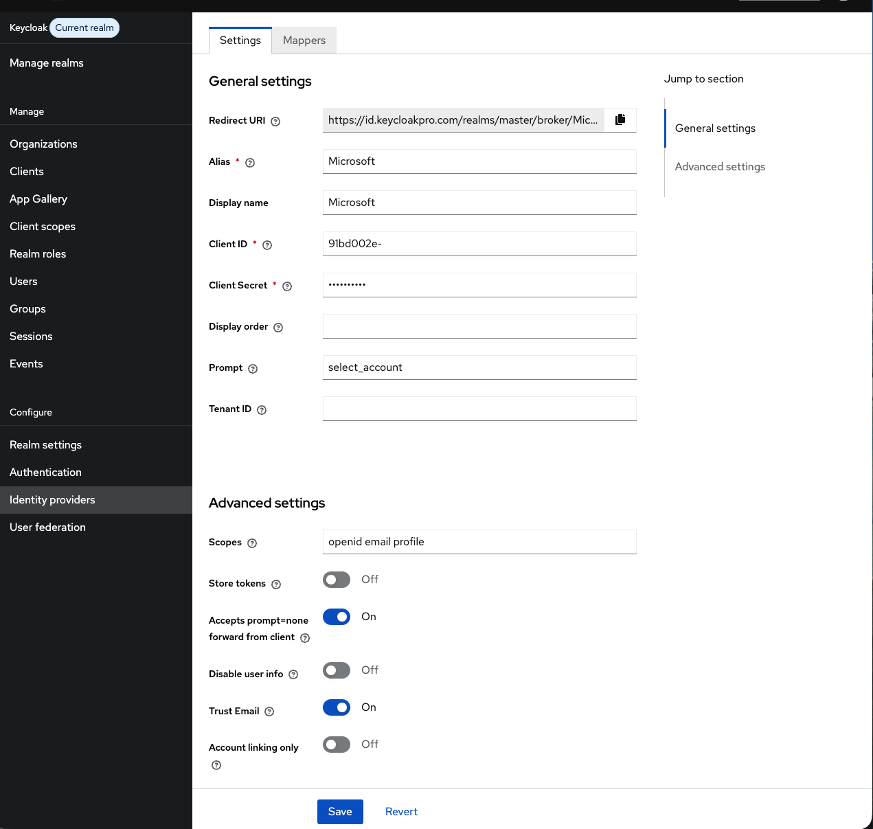 Keycloak admin console Identity Providers page showing the Microsoft provider configuration with Client ID and Client Secret fields filled in