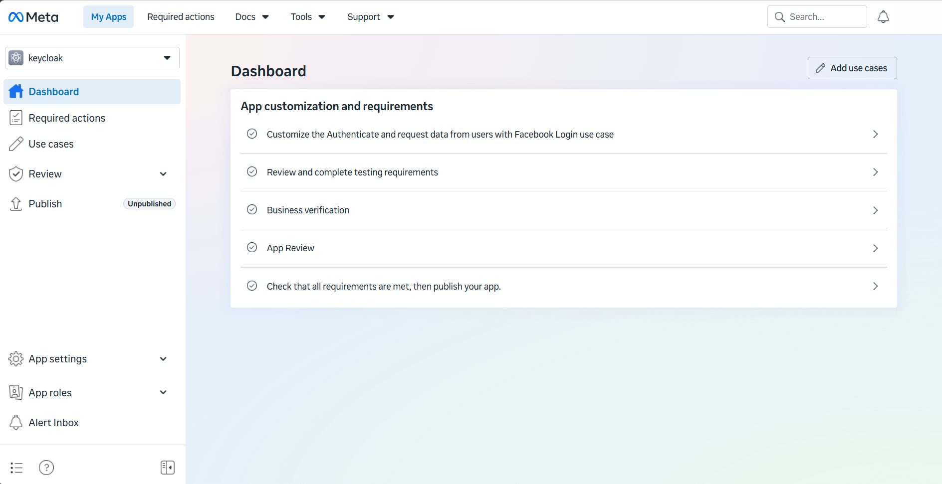 Meta Developer Portal app dashboard showing the Customize the Authenticate and request data from users with Facebook Login use case option