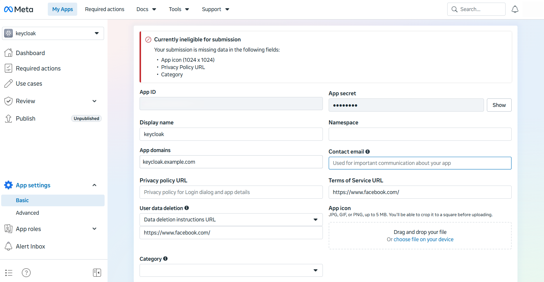 Meta App Settings Basic page showing the App Domains field with the Keycloak domain entered