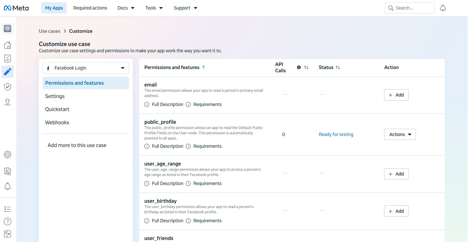 Meta Customize use case page showing the Permissions and features tab with email permission listed and an Add button, and public_profile already showing Ready for testing