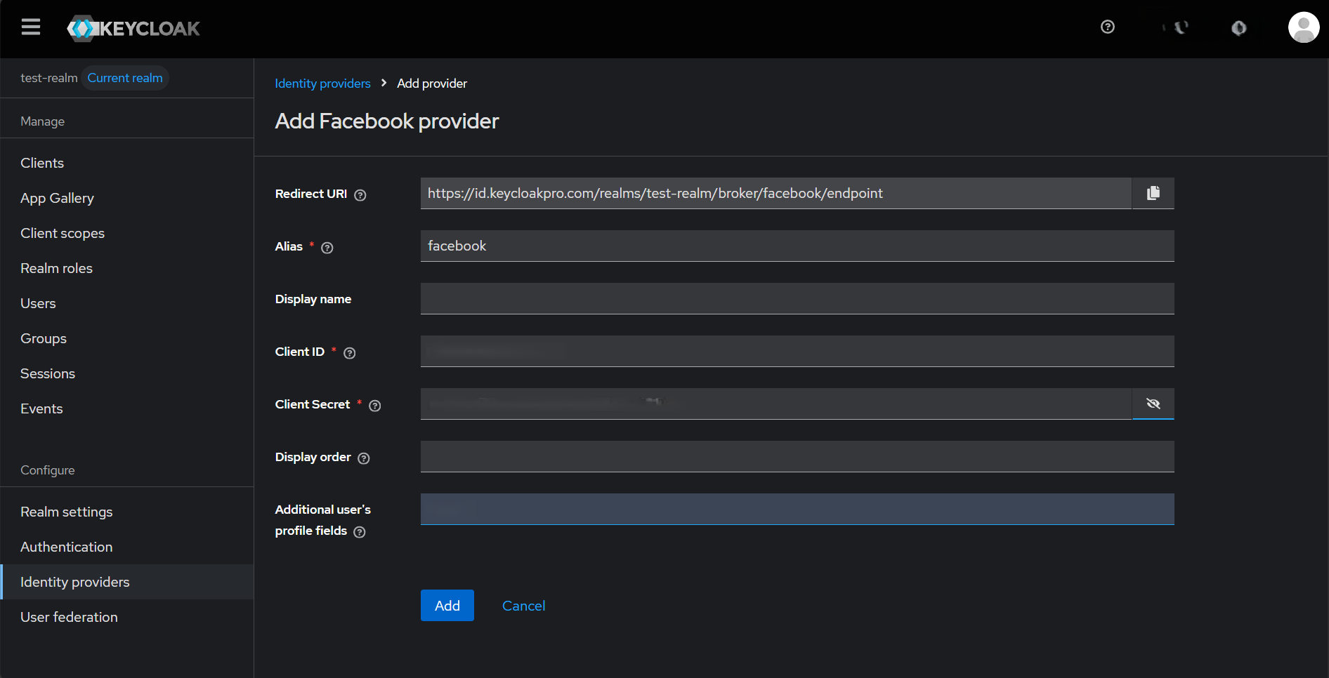 Keycloak admin console Add Facebook provider page showing the Redirect URI, Alias, Client ID and Client Secret fields filled in