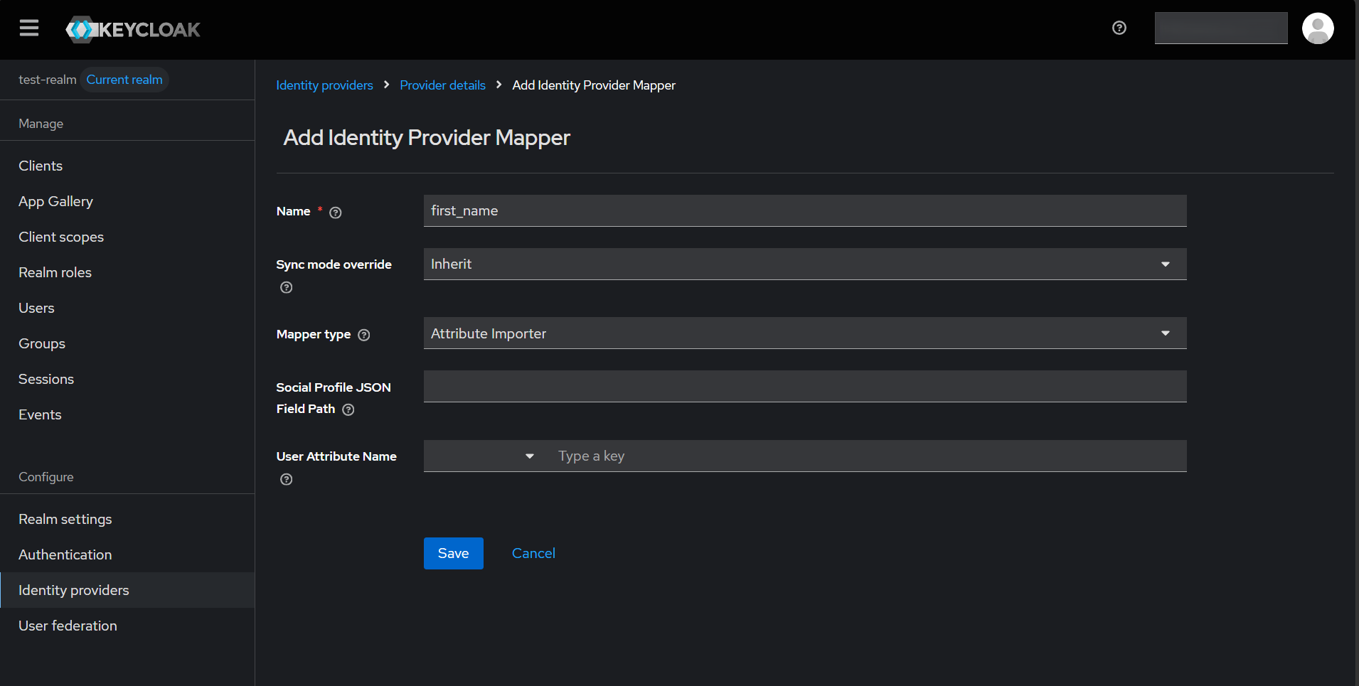 Keycloak Identity Provider Mapper creation form showing Attribute Importer type with Social Profile JSON Field Path set to first_name and User Attribute Name set to firstName
