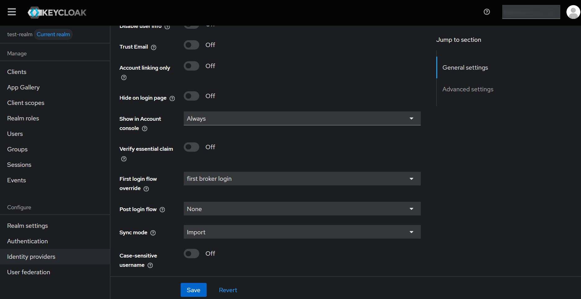 Keycloak Facebook Identity Provider Settings showing First Login Flow set to first broker login and Sync Mode set to import