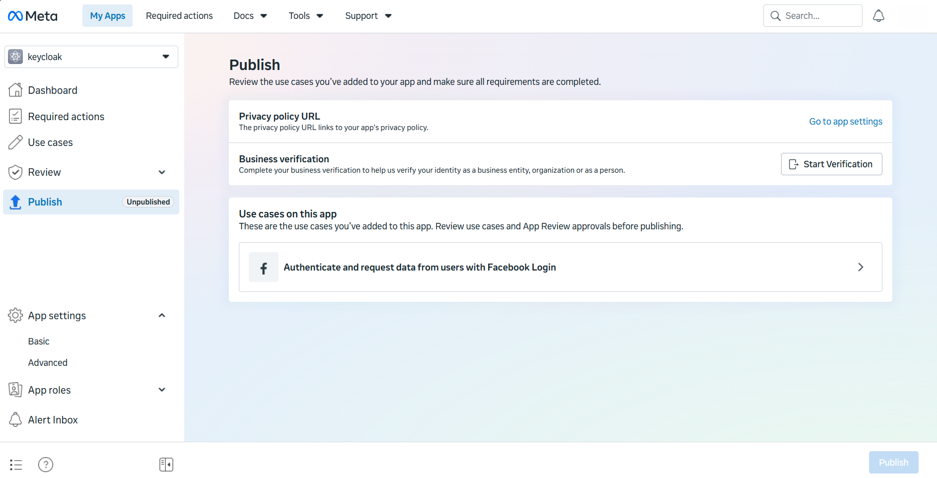 Meta App Settings Basic page showing a banner listing missing required fields for publishing: app icon, privacy policy URL, user data deletion, and category
