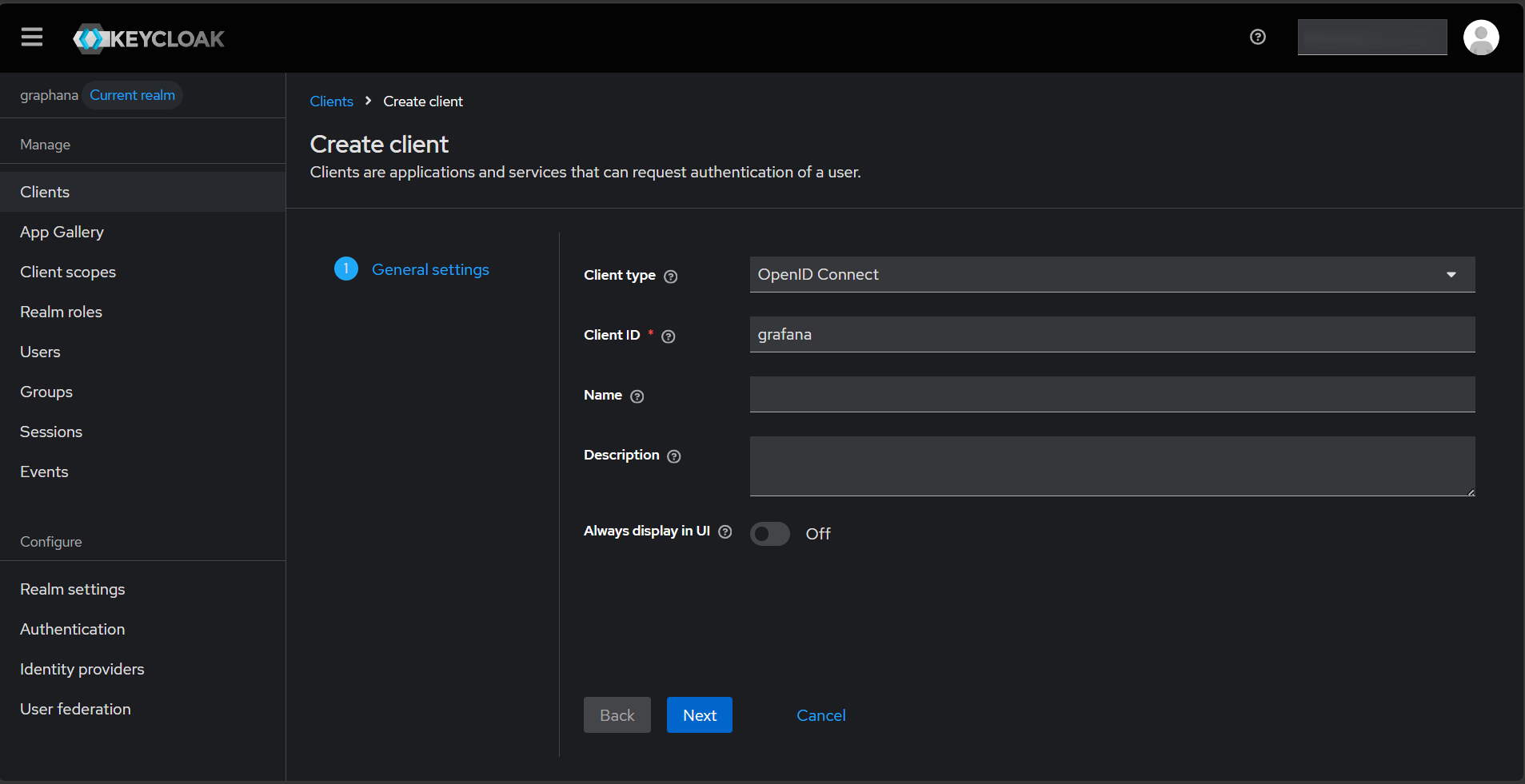 Keycloak admin console showing the grafana client with Client authentication ON and Valid redirect URIs set to https://grafana.example.com/login/generic_oauth