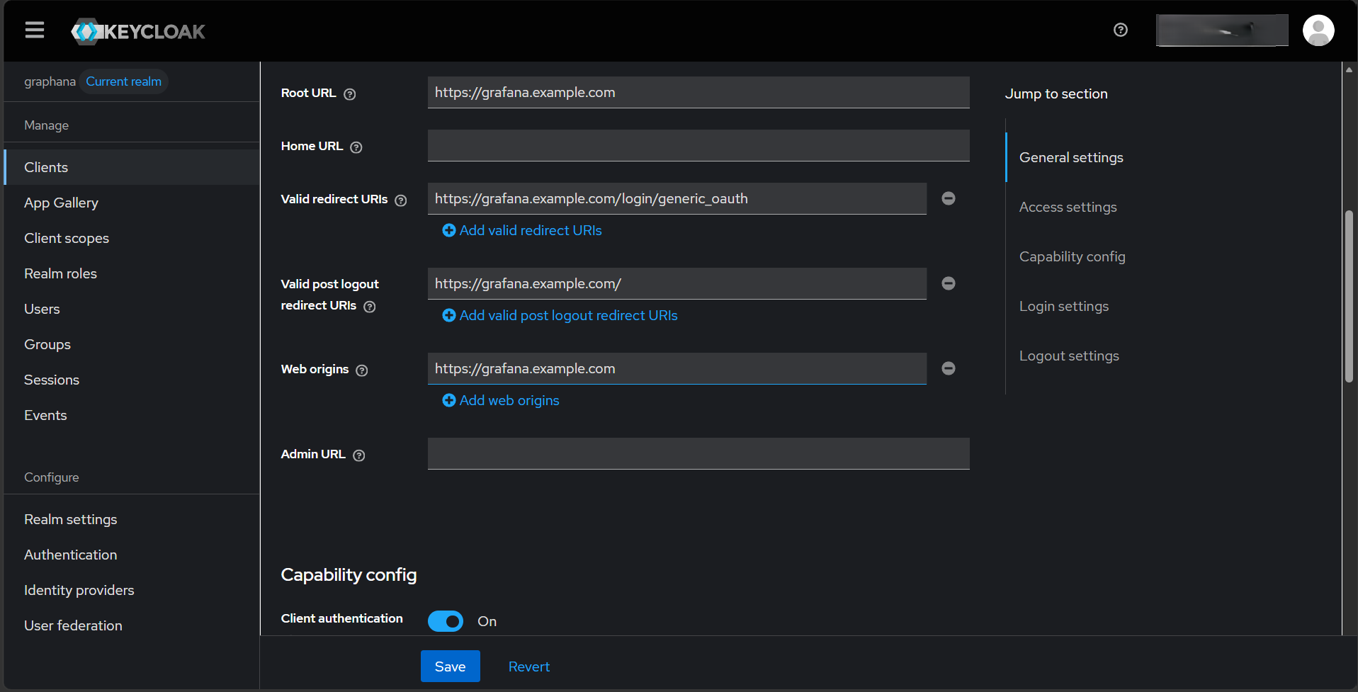 Keycloak admin console showing the grafana client with Client authentication ON and Valid redirect URIs set to https://grafana.example.com/login/generic_oauth