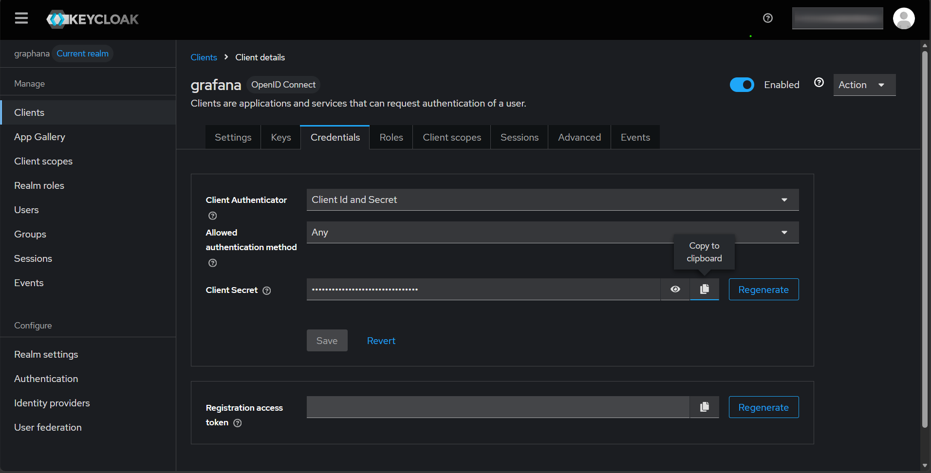 Keycloak admin console Credentials tab for the grafana client showing the Client secret field with a copy button