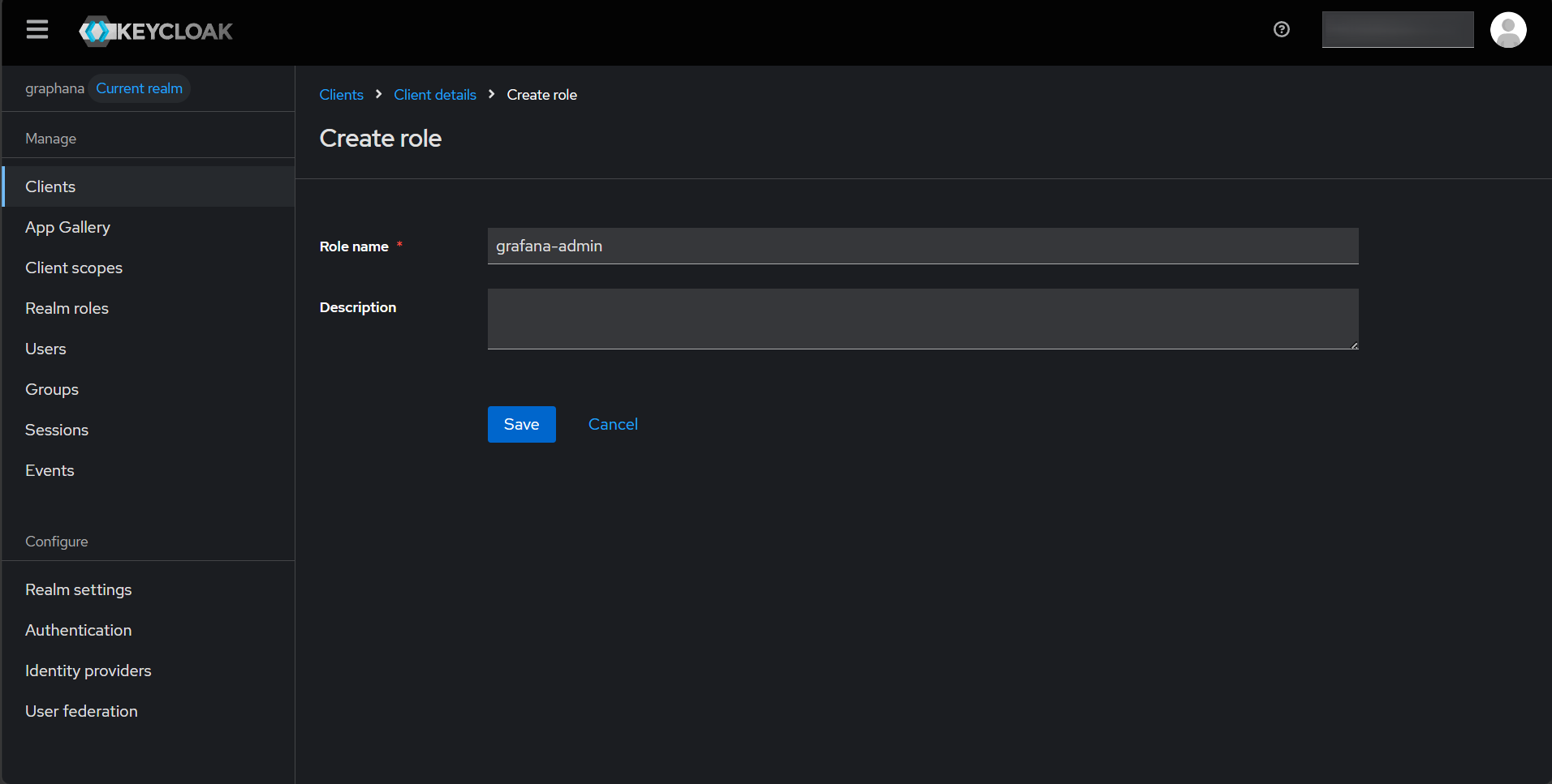 Keycloak admin console showing the grafana client with Client authentication ON and Valid redirect URIs set to https://grafana.example.com/login/generic_oauth