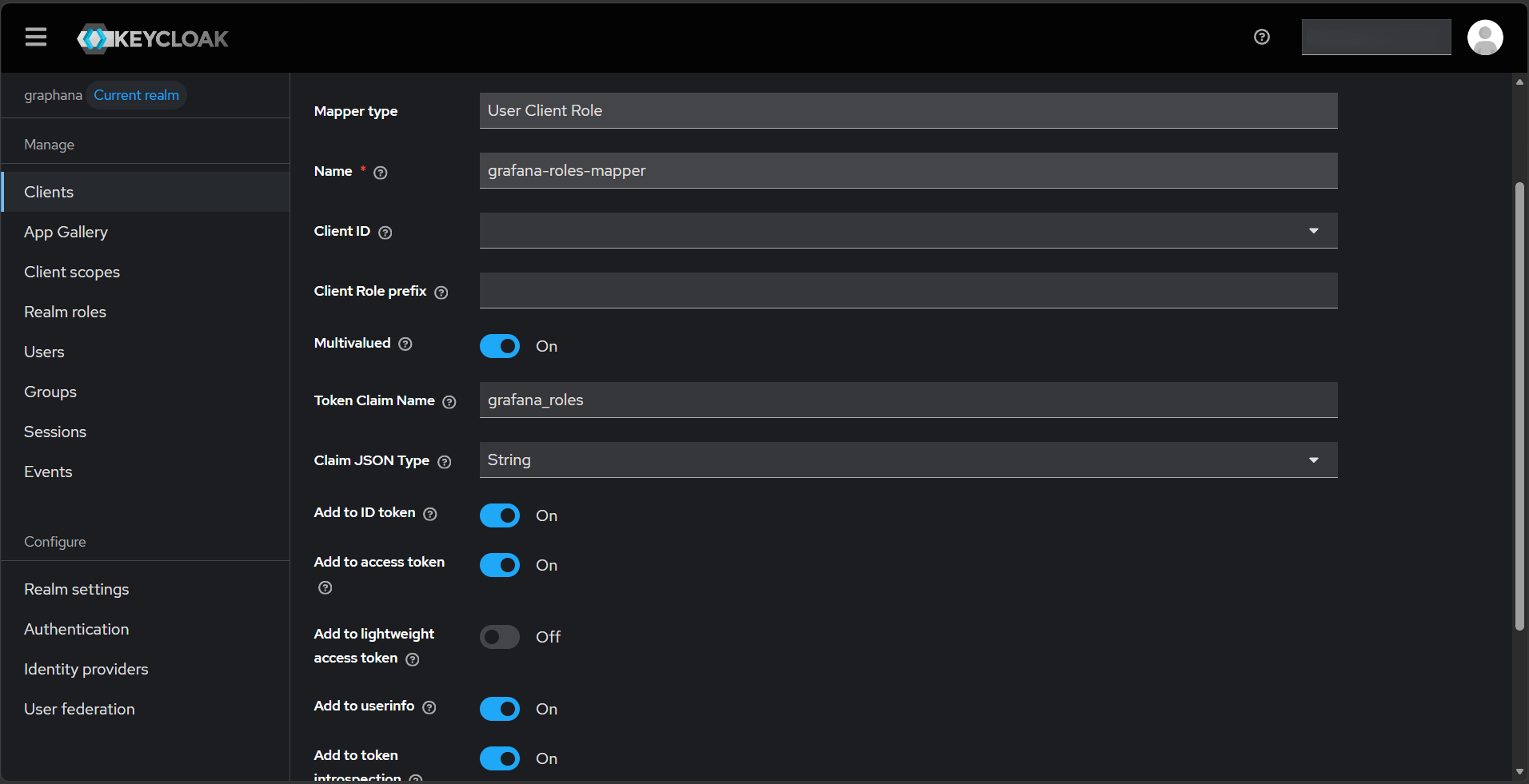 Keycloak admin console showing the User Client Role mapper for the grafana client with Token Claim Name set to grafana_roles and Add to access token enabled
