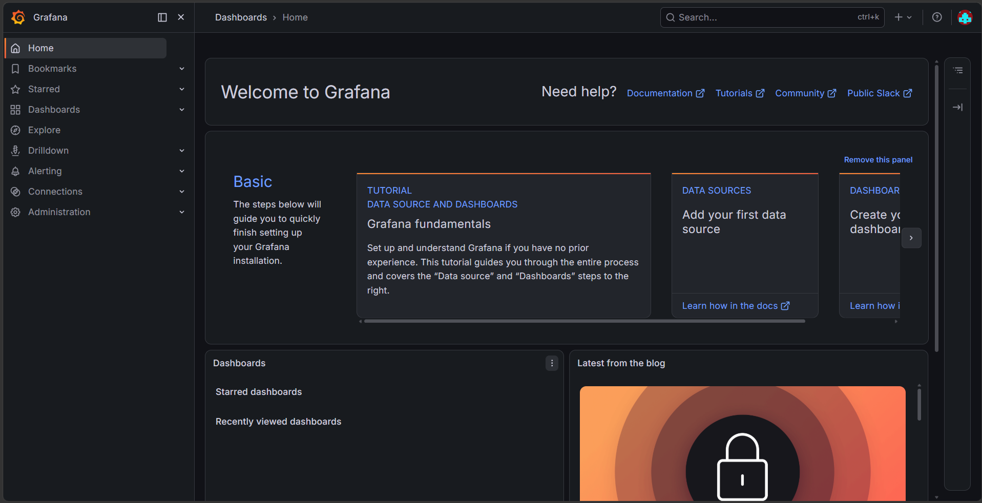 Grafana home dashboard after successful Keycloak SSO login showing the user's Keycloak name in the top-right profile menu