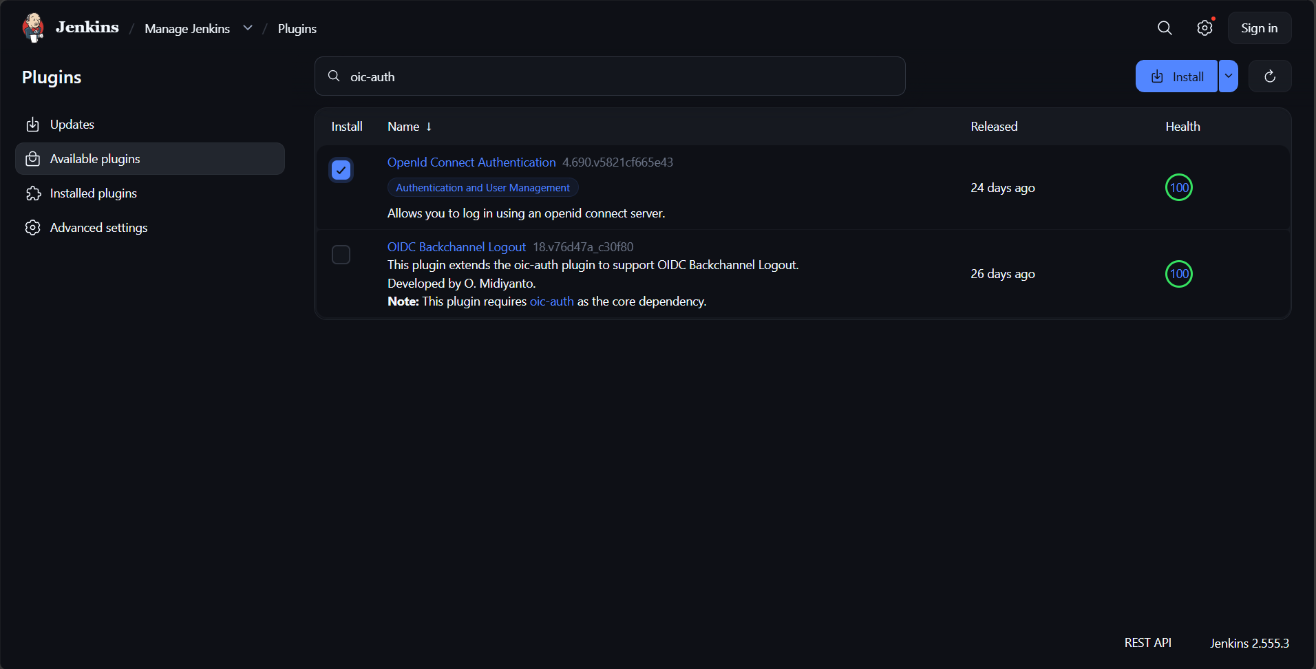 Jenkins Plugin Manager showing the OpenID Connect Authentication Plugin oic-auth in the Available plugins list with a checkbox selected and an Install button