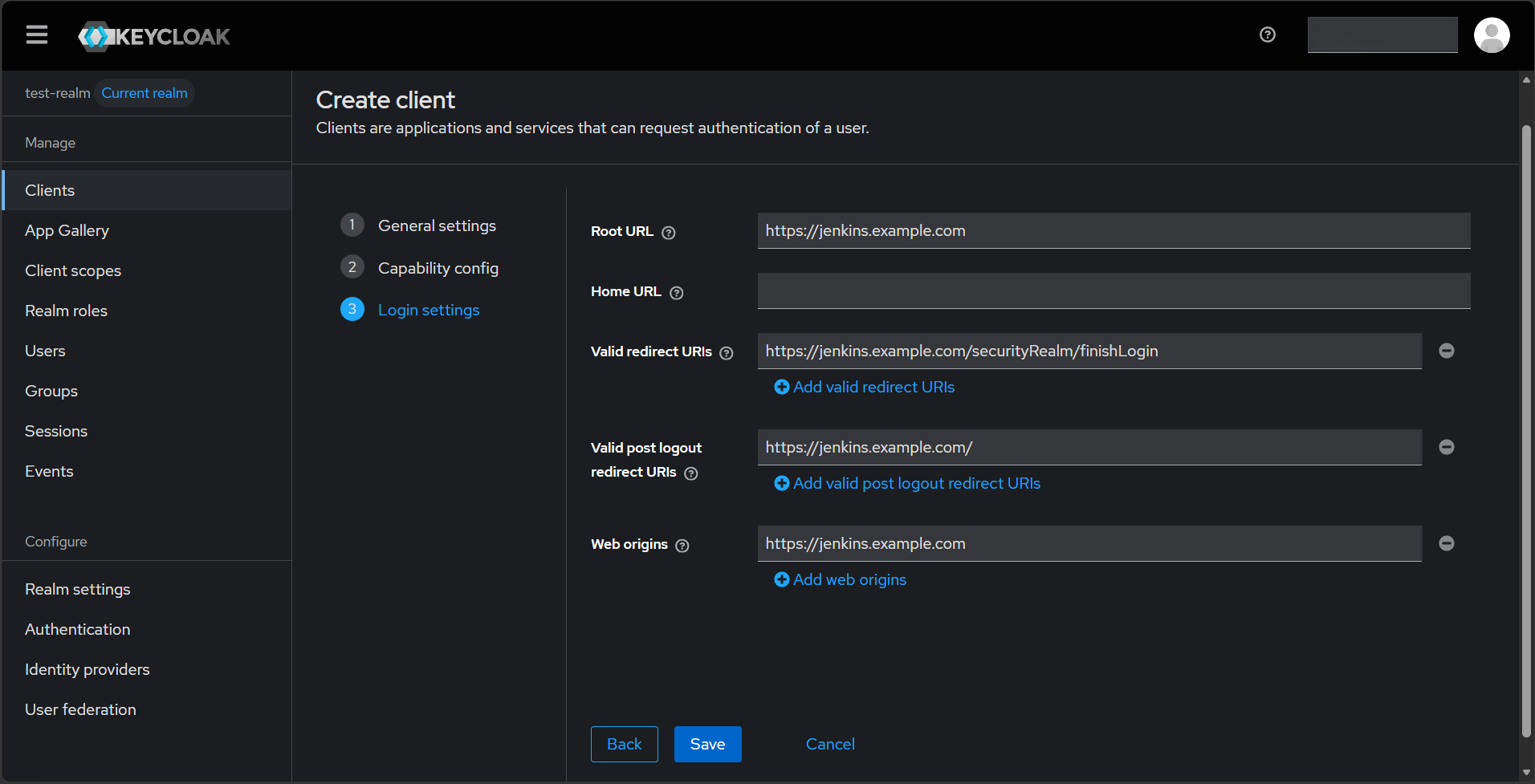 Keycloak admin console showing the jenkins client with Client authentication ON and Valid redirect URIs set to https://jenkins.example.com/securityRealm/finishLogin
