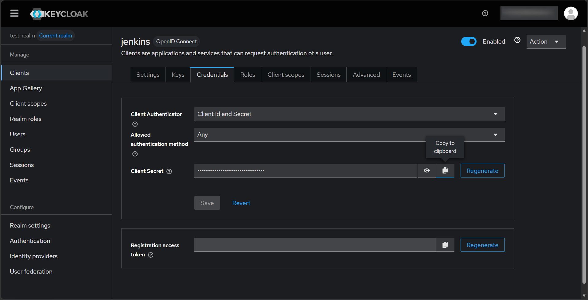 Keycloak admin console Credentials tab for the jenkins client showing the Client secret field and a copy button