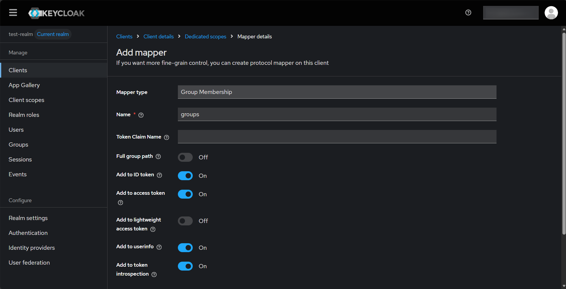 Keycloak admin console showing the Group Membership mapper for the jenkins client with Token Claim Name set to groups and Full group path set to OFF