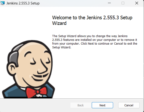 Jenkins MSI installer welcome screen on Windows showing the setup wizard start page