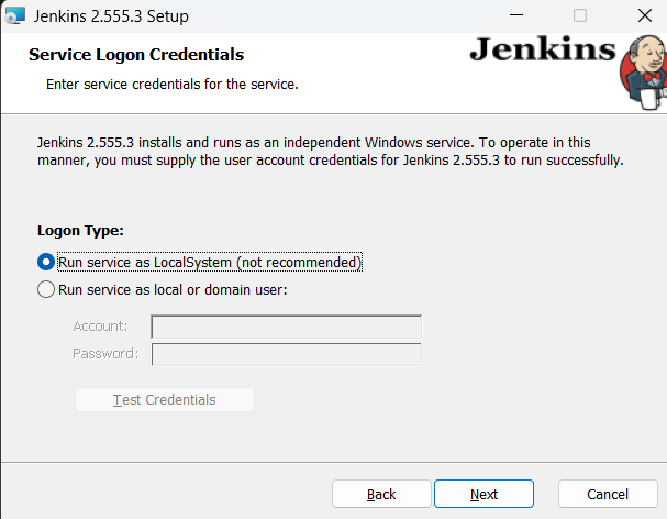 Jenkins MSI installer Service Logon Credentials screen with Local System account selected by default