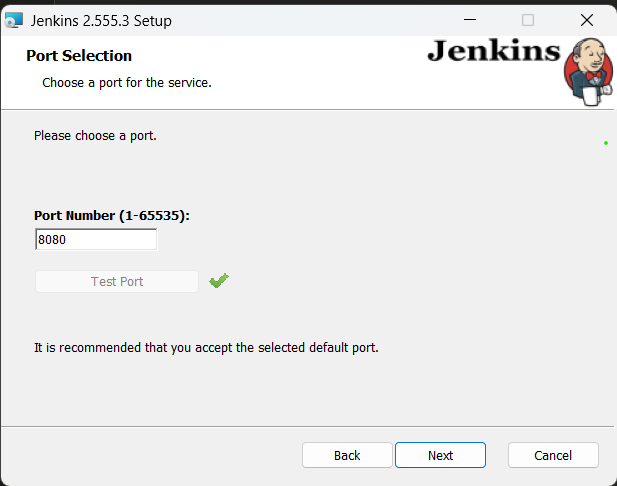Jenkins MSI installer Port configuration screen with the default port 8080 field