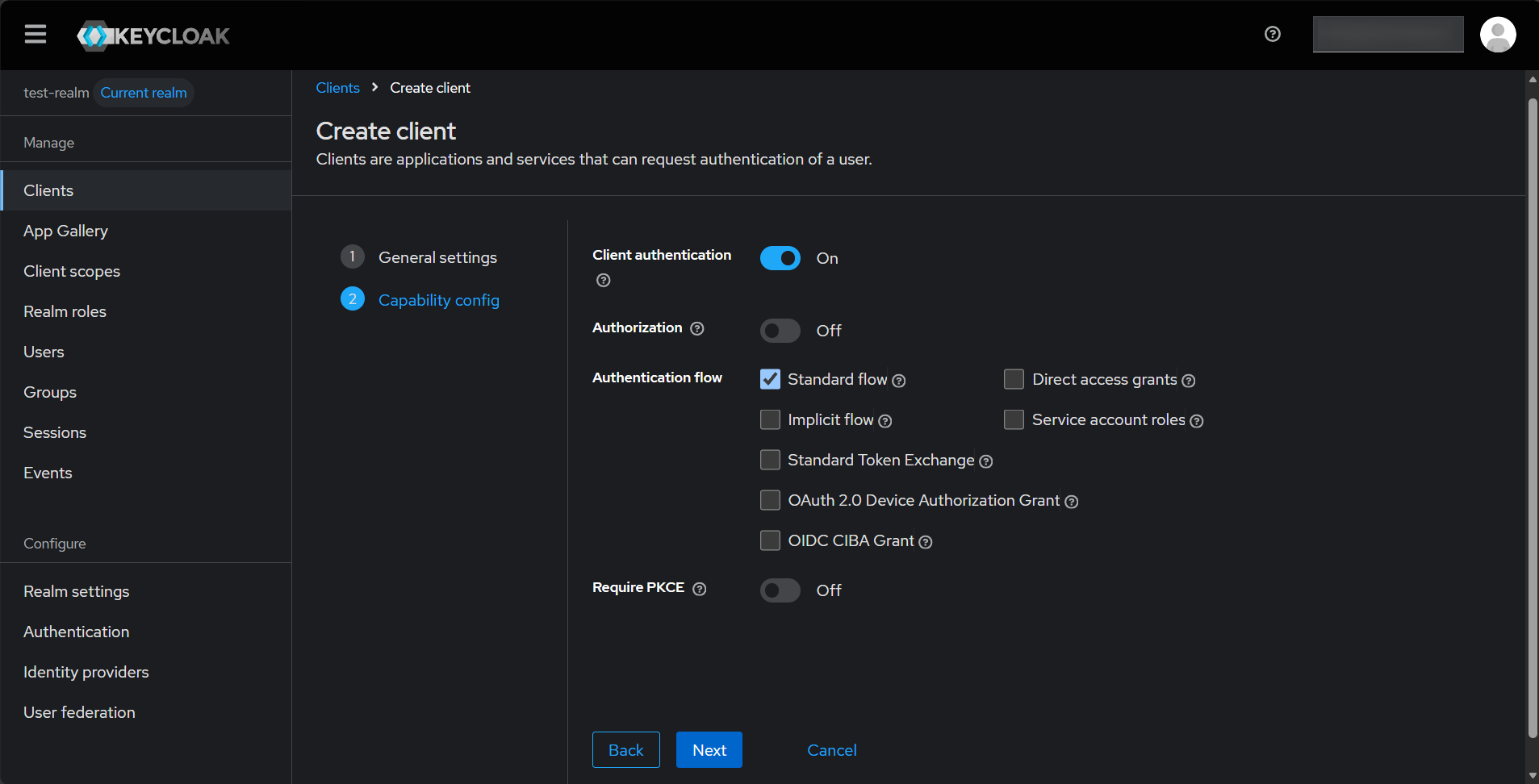 Keycloak admin console Capability config screen for the jenkins client with Client authentication ON, Standard flow ON, and Direct access grants OFF