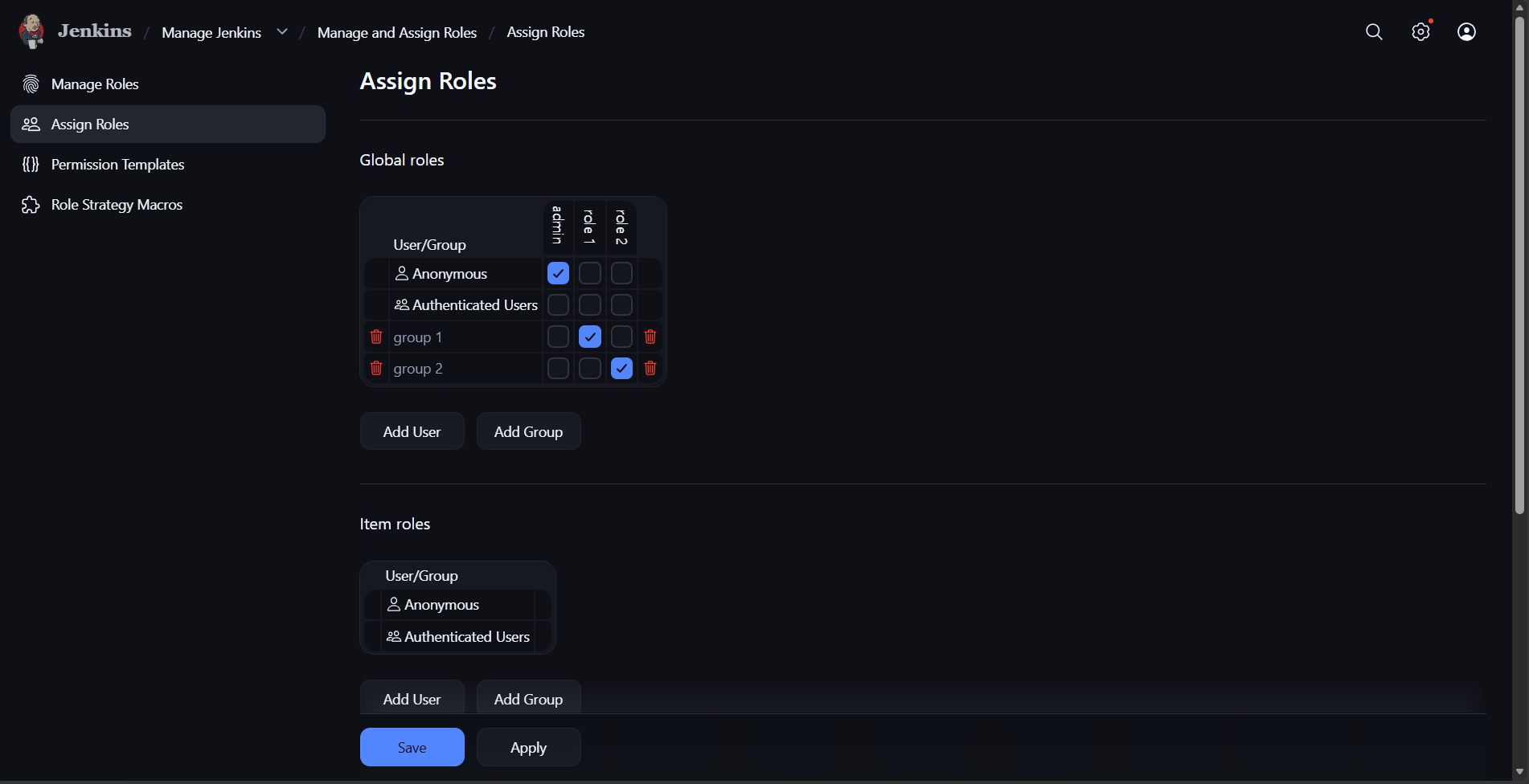 Jenkins Assign Roles screen under Manage and Assign Roles, showing a Global roles table with Anonymous, Authenticated Users, and Keycloak group names mapped to role checkboxes