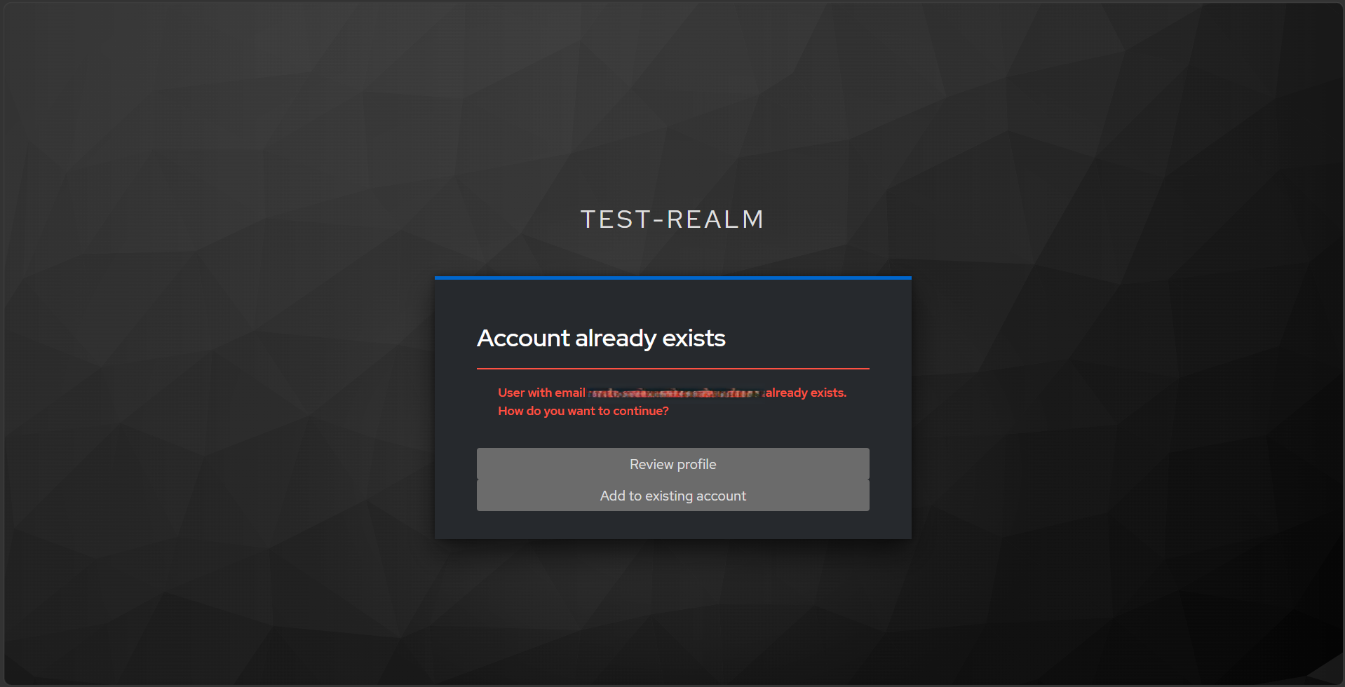 Keycloak Account already exists screen showing a message that a user with the given email already exists, with Review profile and Add to existing account buttons