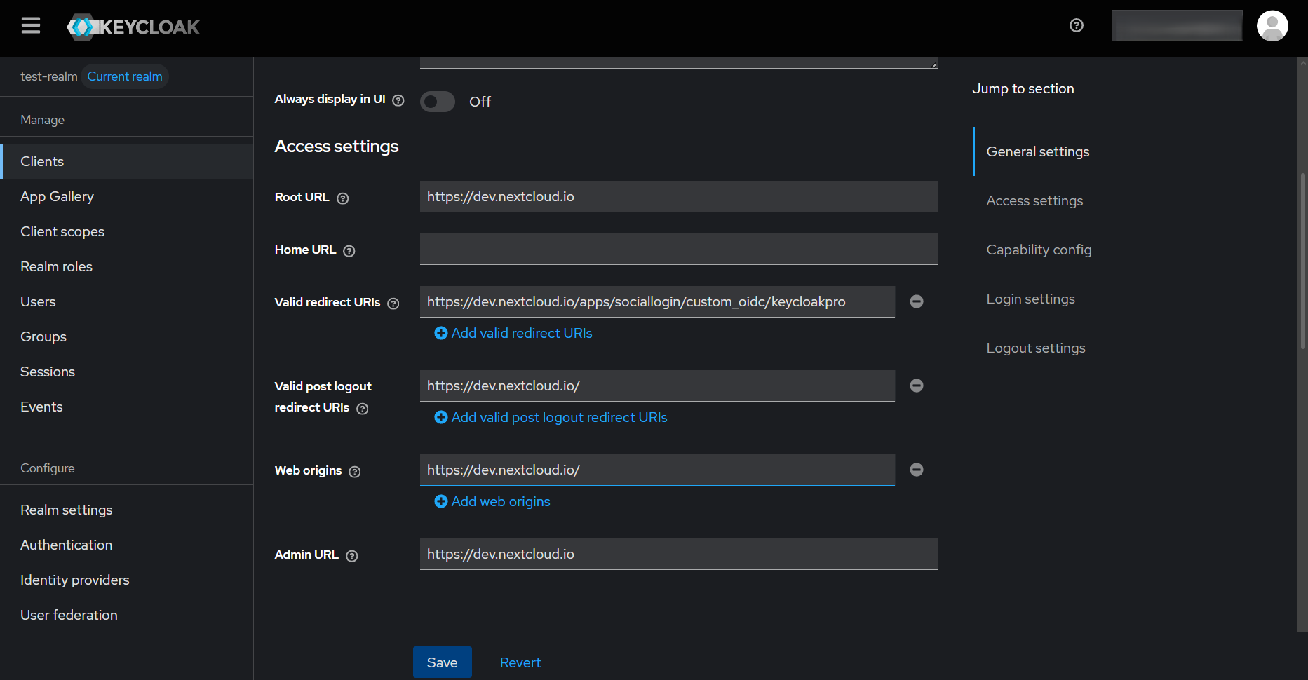 Keycloak admin console showing the nextcloud client with Client authentication ON and Valid redirect URIs set to the Social Login custom OIDC callback path