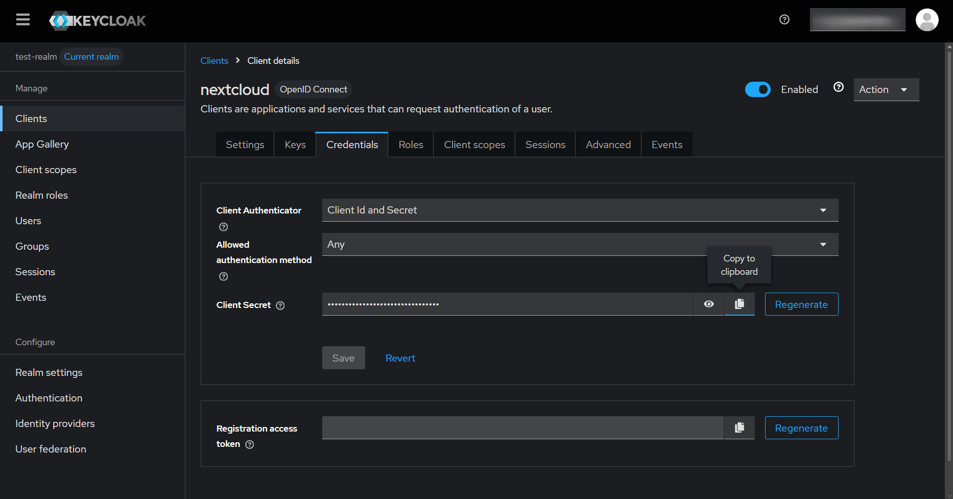 Keycloak admin console Credentials tab for the nextcloud client showing the Client secret field and copy button