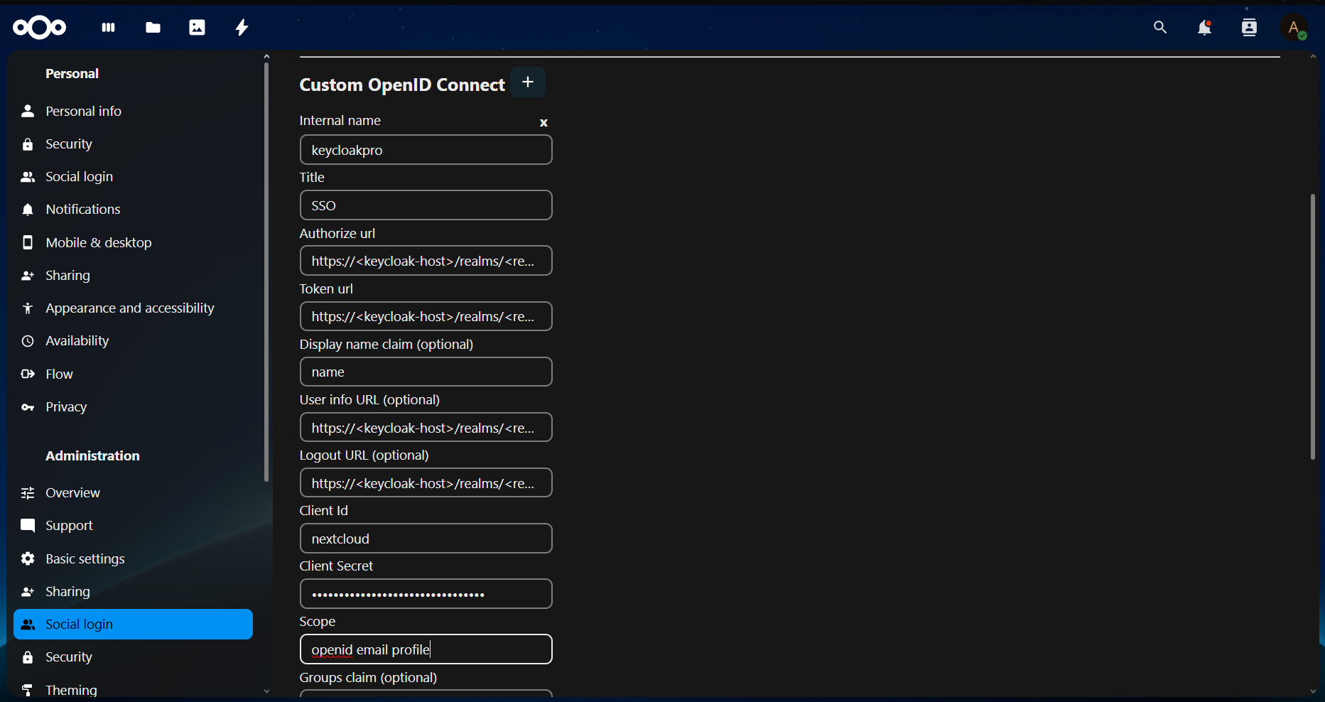 Nextcloud Social login admin page showing the Custom OpenID Connect form filled in with Internal name, Title, Authorize url, Token url, Client Id, and Client Secret fields