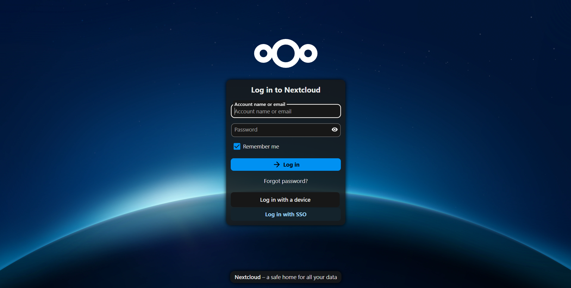 Nextcloud login page showing the username and password form alongside a Login with SSO button