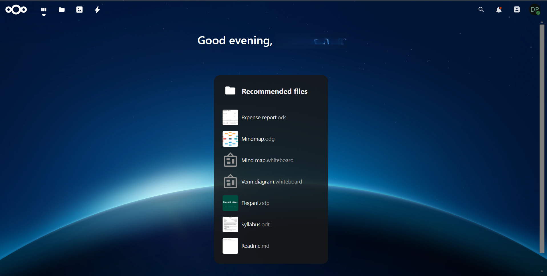 Nextcloud home dashboard after successful Keycloak SSO login showing the user's files and the Keycloak user name in the top-right profile menu